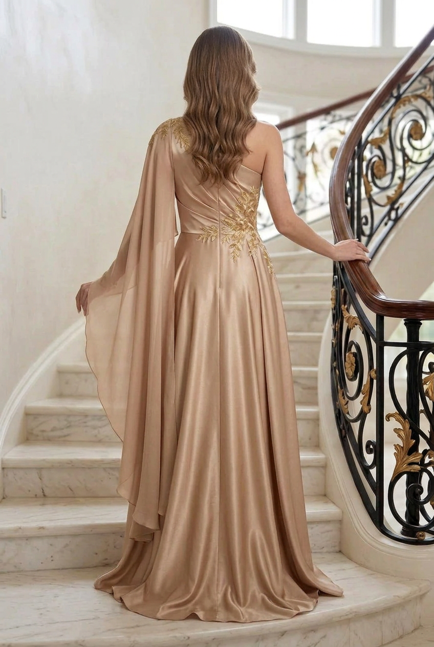 One-Shoulder Cape Sleeve A-Line Gown