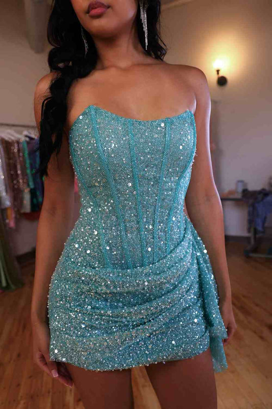 Strapless Sequin Corset Mini Dress with Side Drape