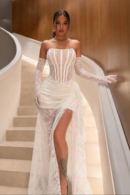 Strapless Corset Lace Evening Gown with Gloves