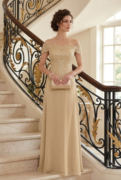 Off-the-Shoulder Lace Applique Floor-Length Gown