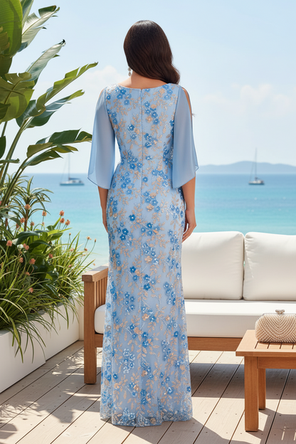 Floral Sequin Mermaid Evening Gown with Flutter Sleeves