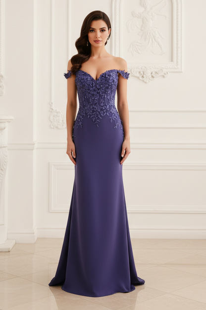 Off-Shoulder Applique Mermaid Evening Gown