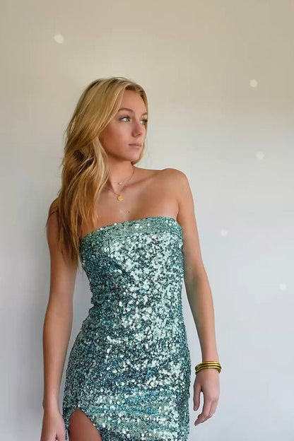 Strapless Sequin Mini Dress with Side Slit