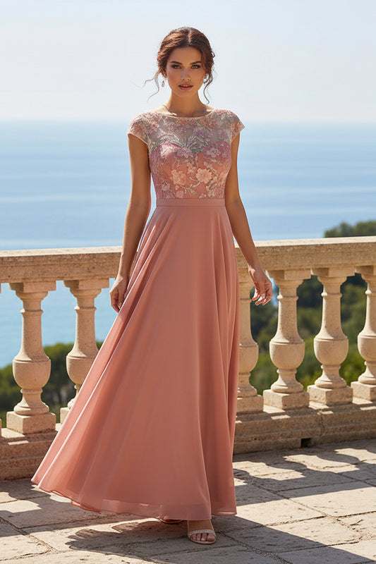 Floral Embroidered Illusion A-Line Evening Gown