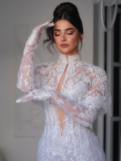 Illusion High Neck Lace Mermaid Bridal Gown