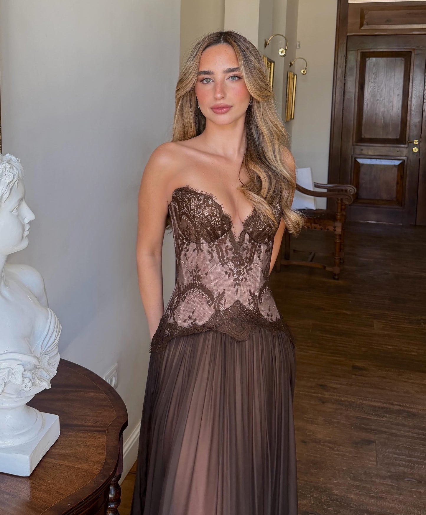 Strapless Lace Corset Pleated Evening Gown