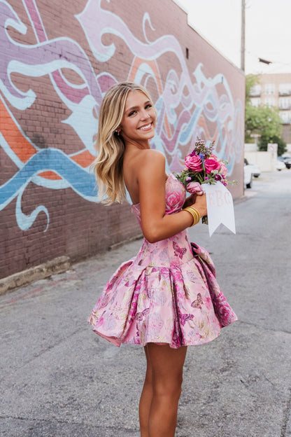 Strapless Jacquard Bubble Skirt Mini Dress