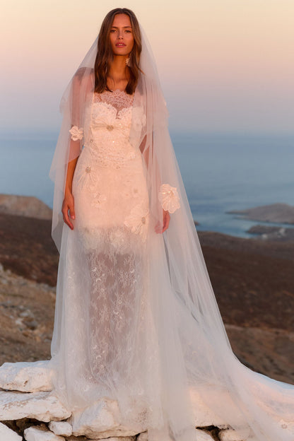 Lace Spaghetti Strap Wedding Dress with 3D Flowers