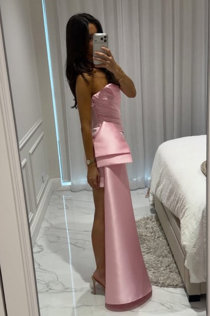 Strapless Ruched Satin Mini Dress with Side Drape