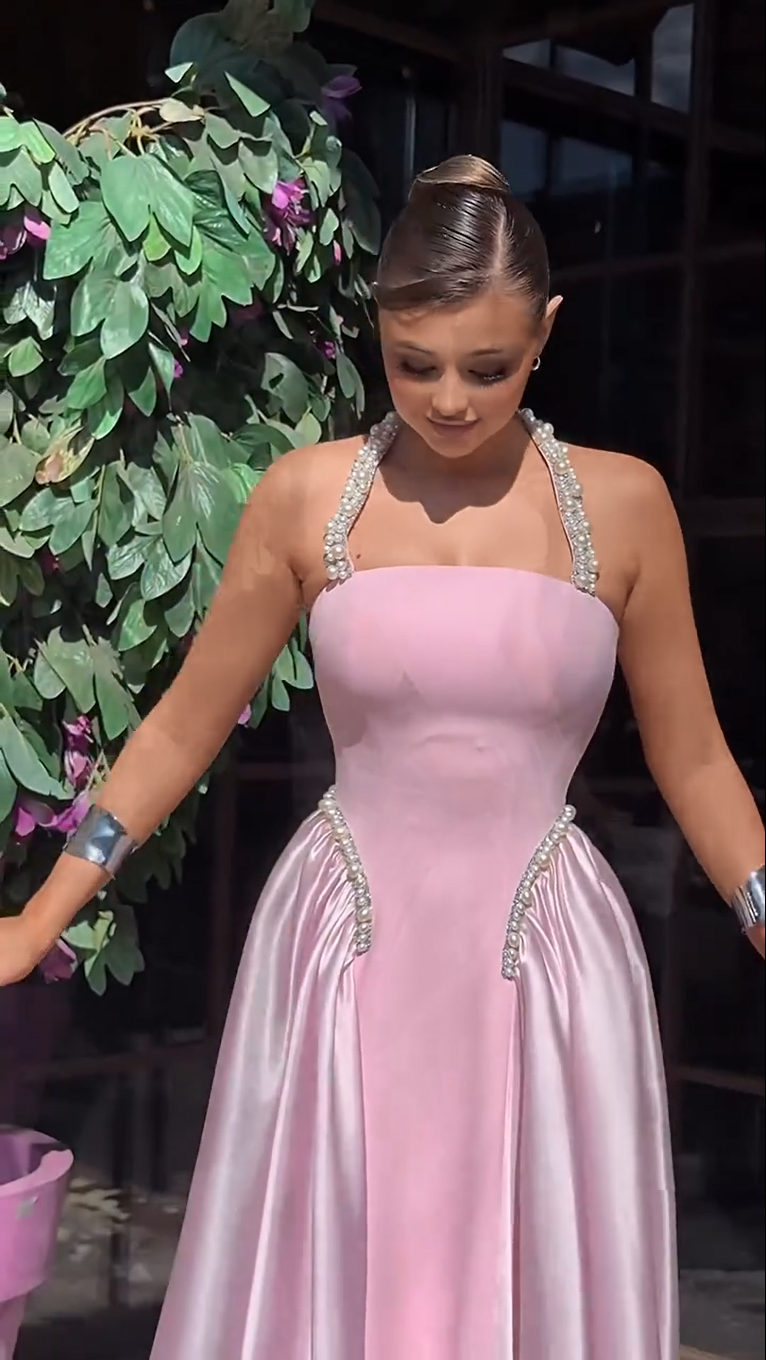 Pearl Halter Gown with Satin Side Draping