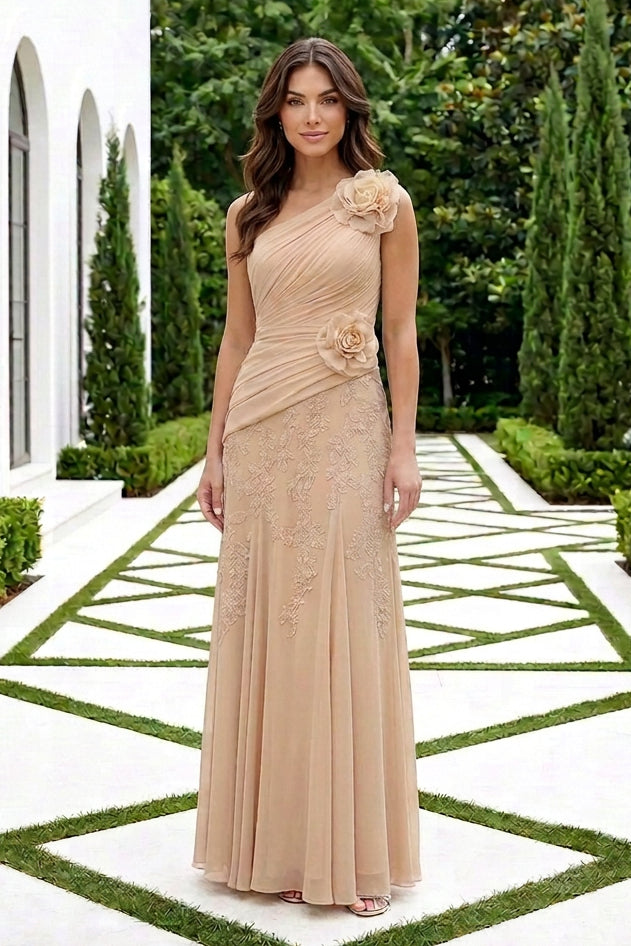 One-Shoulder Ruched Gown with 3D Floral Accents