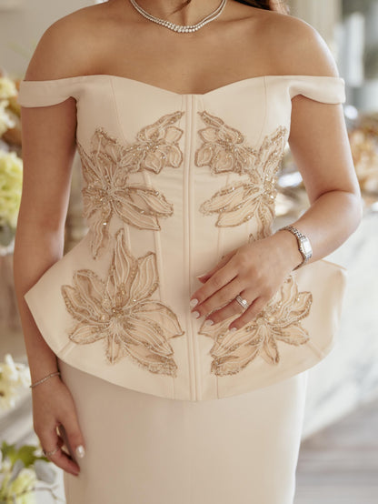 Off-the-Shoulder Peplum Corset Column Dress