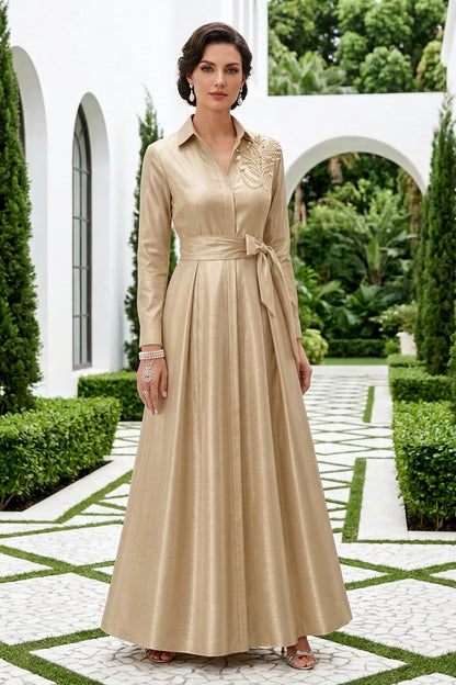 Collared A-Line Shirt Gown with Beaded Floral Bodice