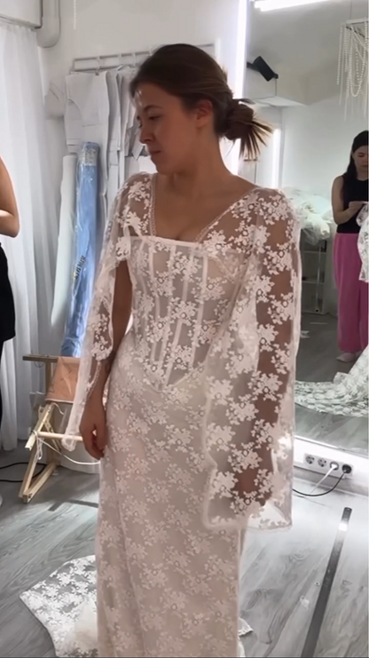 Lace Corset Wedding Dress with Draped Sleeves