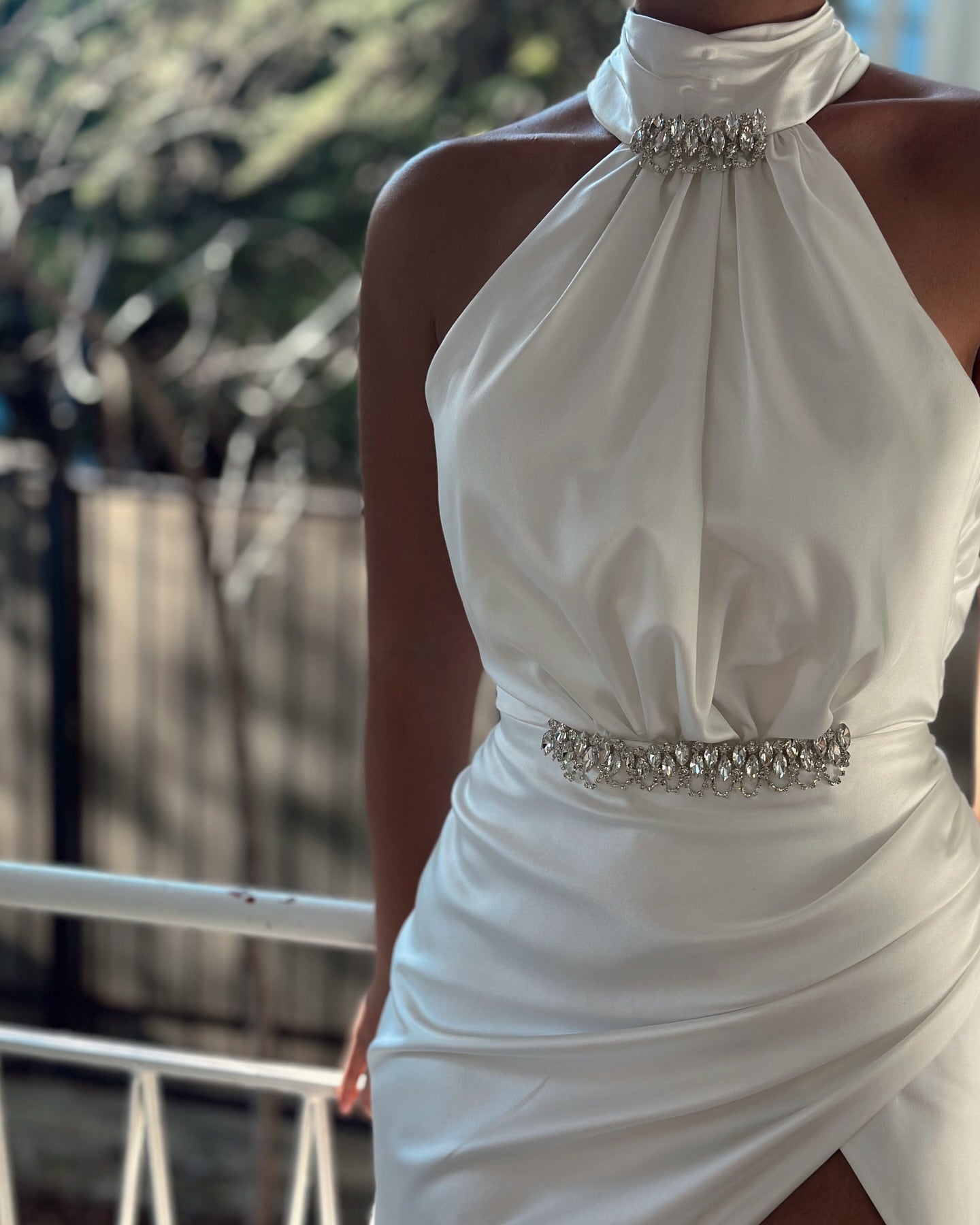 Satin Halter Gown with Crystal Embellishments