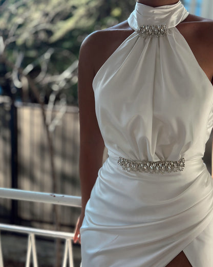 Satin Halter Gown with Crystal Embellishments