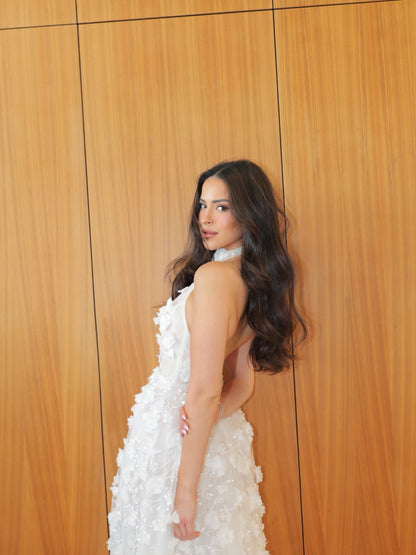 3D Floral High Neck Gown with Slit