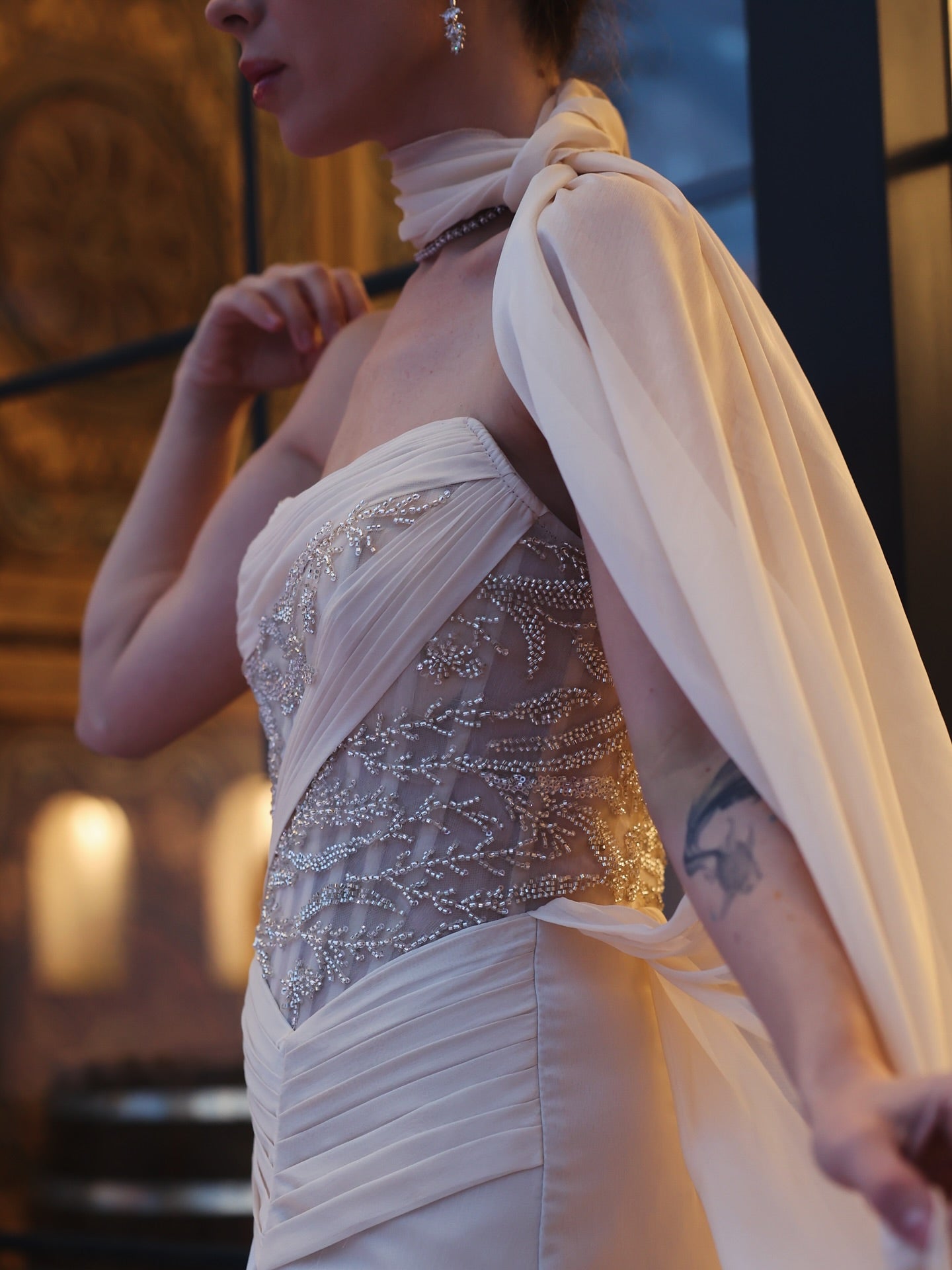 Strapless Beaded Corset Evening Gown with Cape