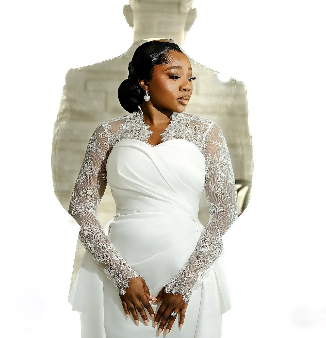 Lace Long Sleeve Satin Wedding Dress with Overskirt