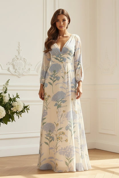 Floral Print V-Neck Maxi Dress with Long Sleeves