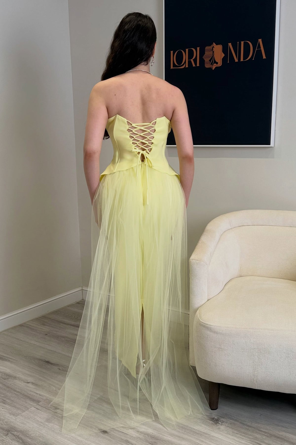Strapless Corset Evening Gown with Tulle Train