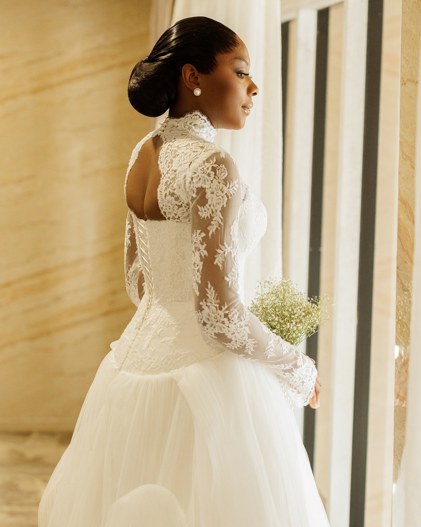 High Neck Lace Long Sleeve Ball Gown Wedding Dress