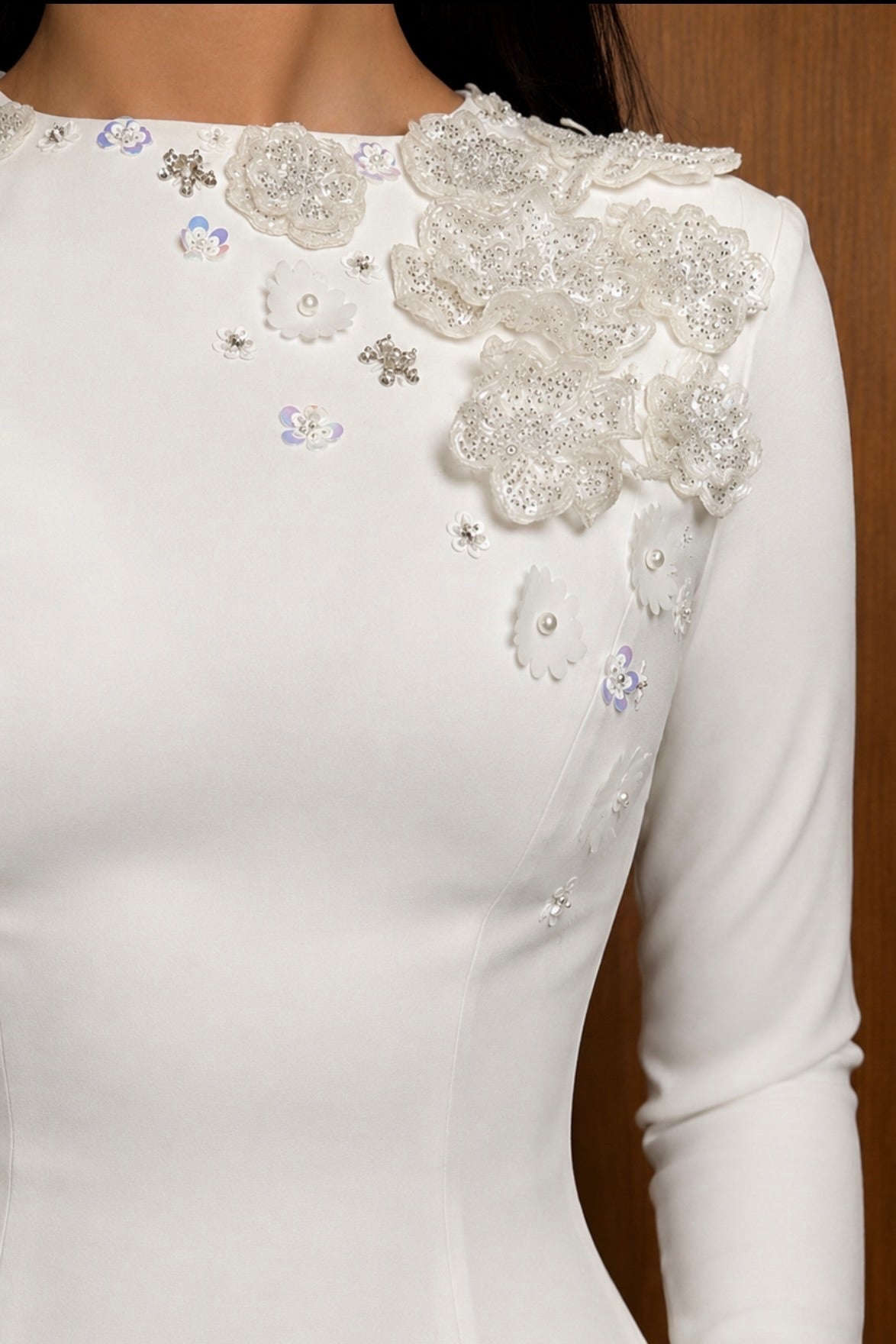 Embellished Floral Long Sleeve Column Gown