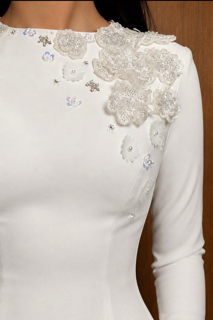 Embellished Floral Long Sleeve Column Gown