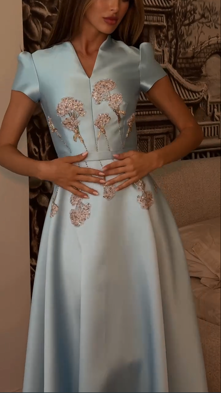 Embroidered Satin A-Line Ankle-Length Dress