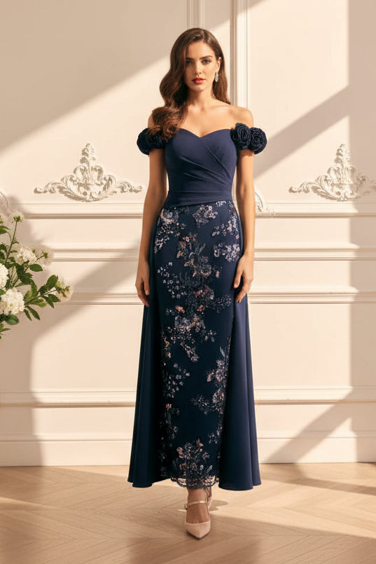 Off-the-Shoulder Floral Sequin Gown with Overskirt