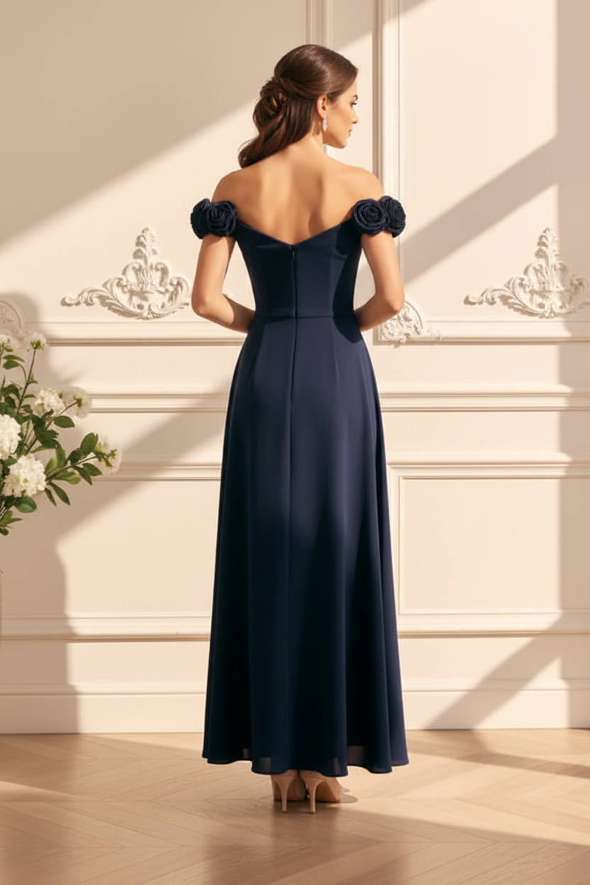 Off-the-Shoulder Floral Sequin Gown with Overskirt