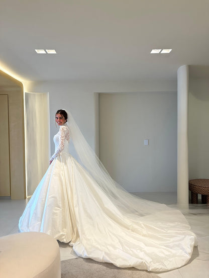 Long Sleeve Lace Bodice Ball Gown Wedding Dress