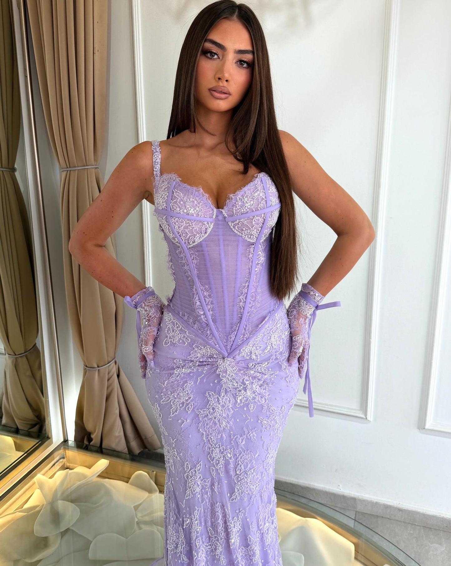 Beaded Lace Corset Mermaid Evening Dress