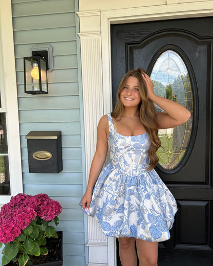 Floral Jacquard Corset Bubble Mini Dress