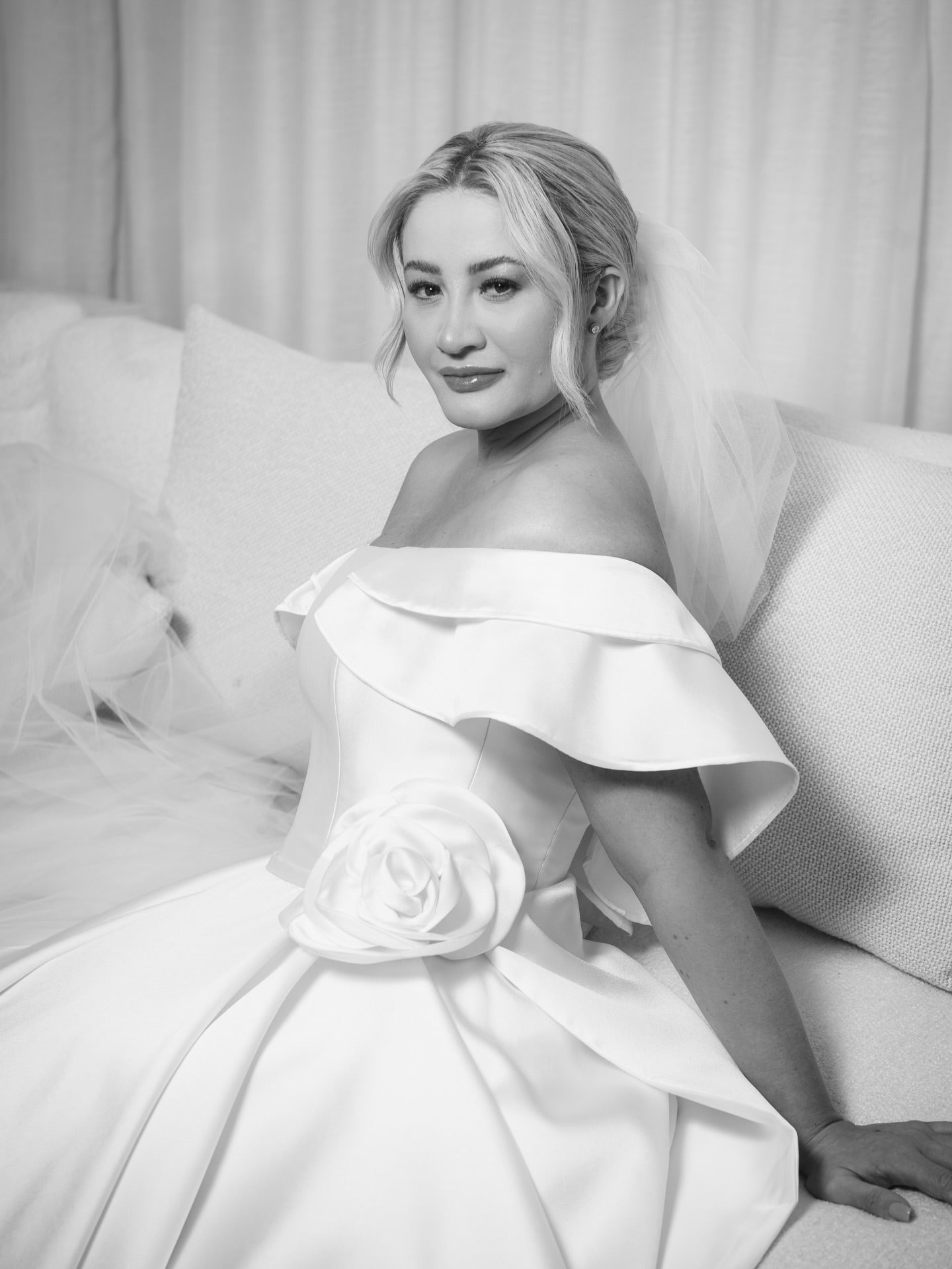 Off-Shoulder Satin A-Line Wedding Dress with 3D Flower