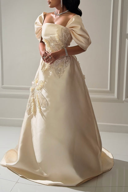 Embellished Puff Sleeve A-Line Gown