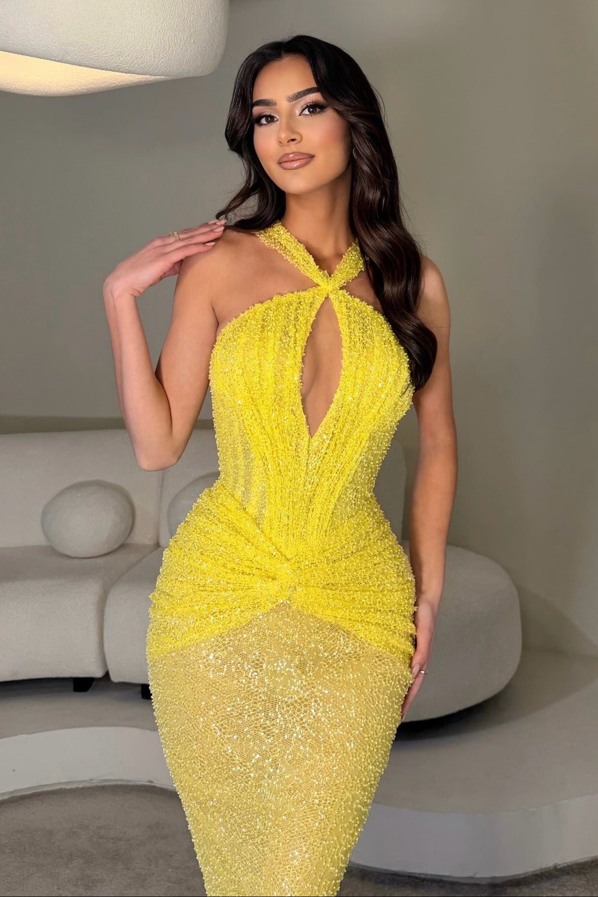 Beaded Halter Keyhole Gown with Ruched Waist