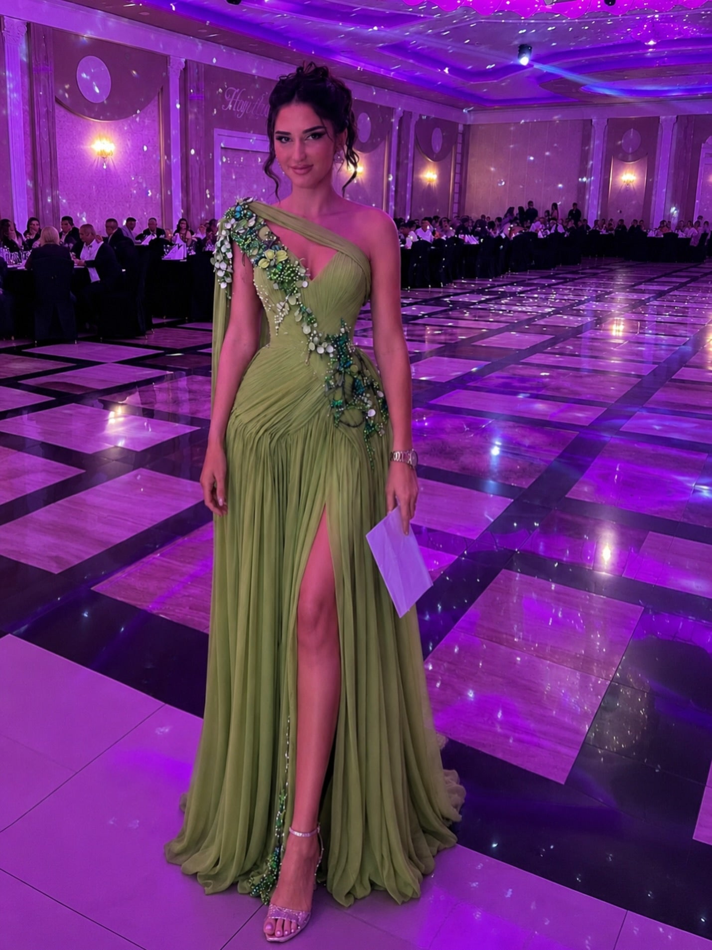 One-Shoulder Pleated Evening Gown with Floral Appliques