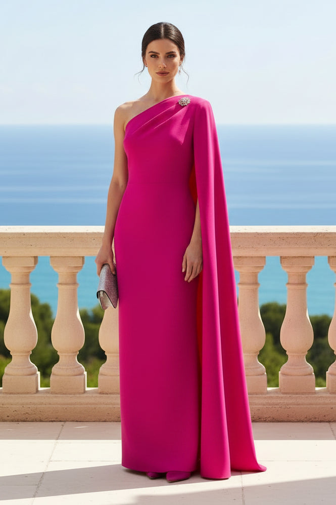 One-Shoulder Cape Column Evening Gown