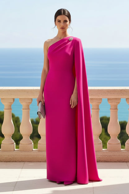 One-Shoulder Cape Column Evening Gown