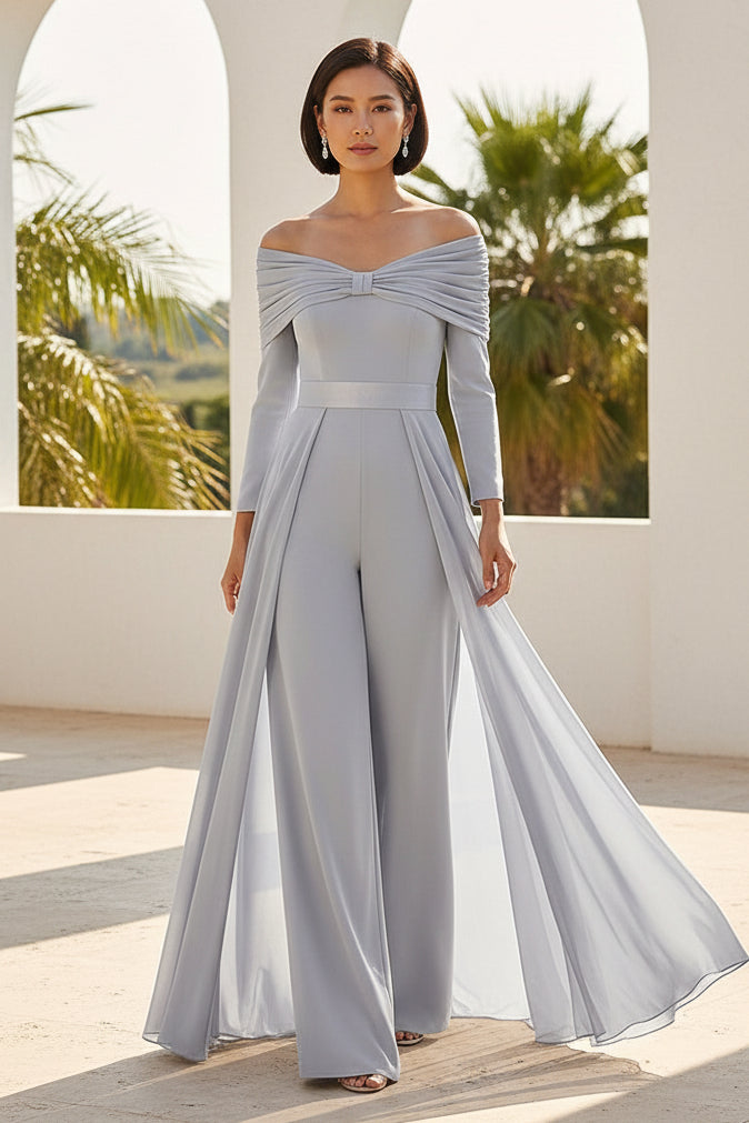 Off Shoulder Long Sleeve Jumpsuit with Overskirt