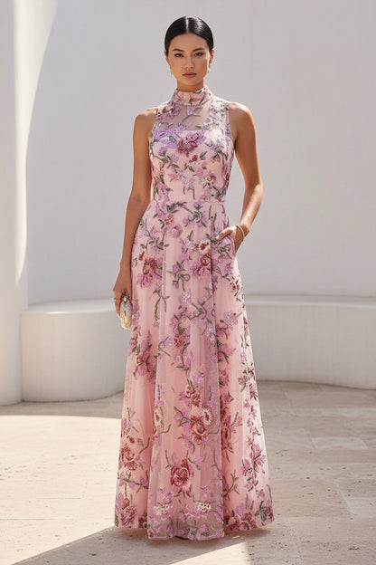 High-Neck Floral Embroidered Maxi Dress with Pockets
