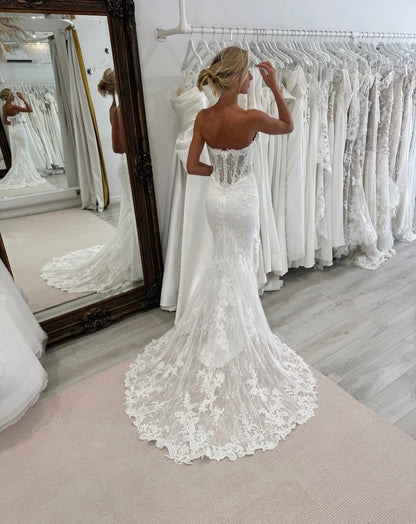 Strapless Lace Mermaid Wedding Dress with Overskirt