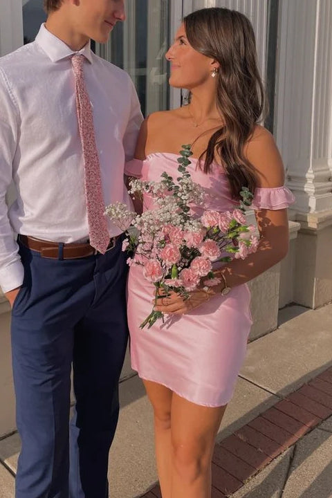 Off-the-Shoulder Satin Mini Dress with Ruffle Sleeves