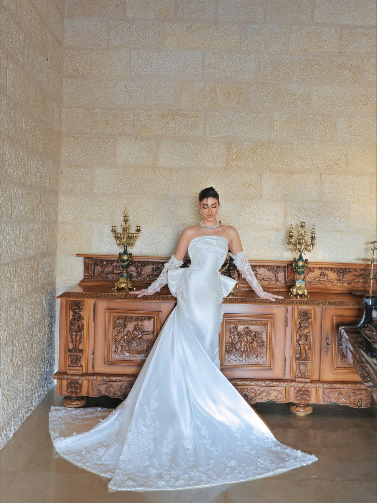 Strapless Satin Wedding Dress with Lace Train