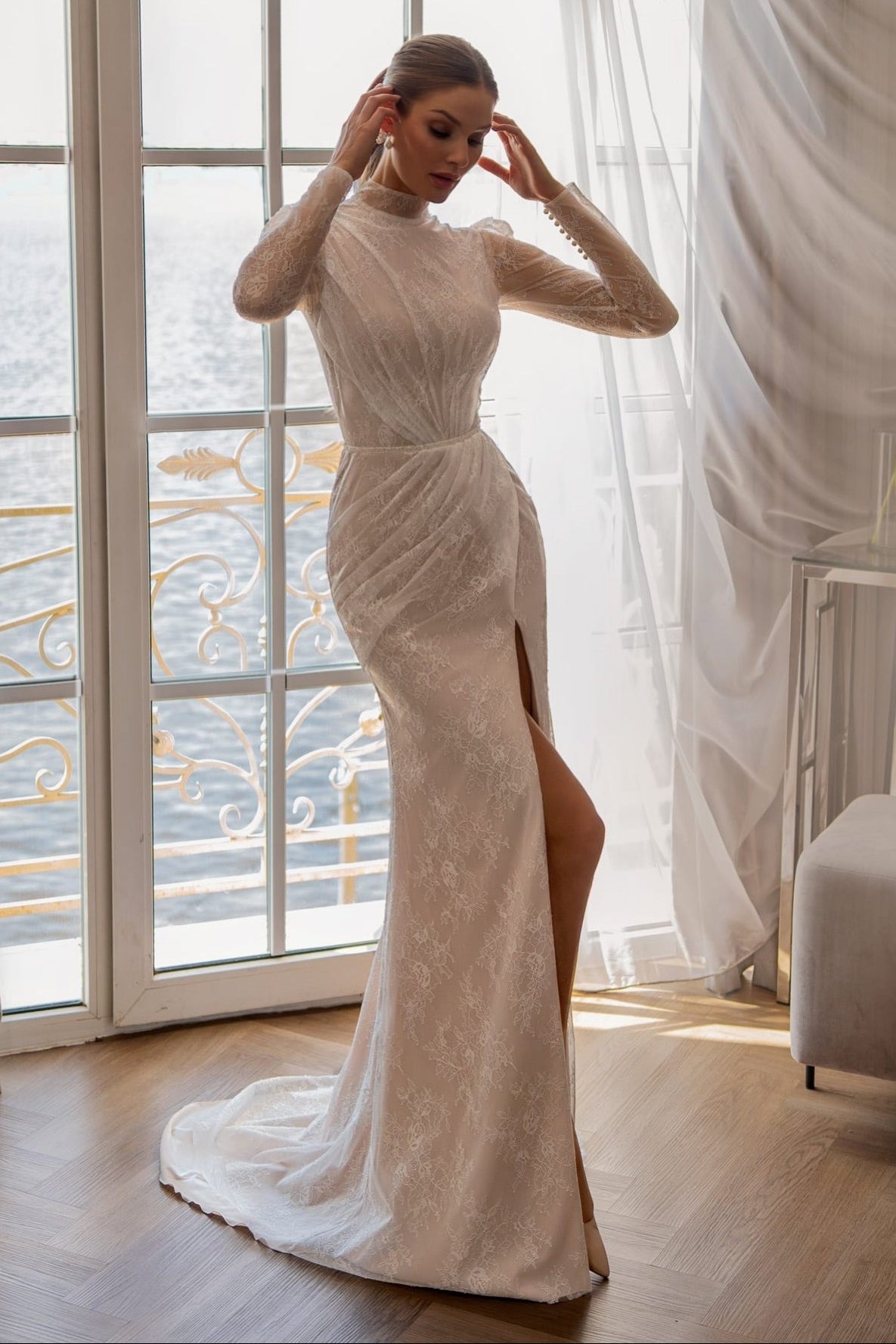 High Neck Lace Wedding Dress with Cape Train