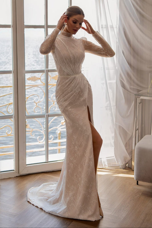 High Neck Lace Wedding Dress with Cape Train