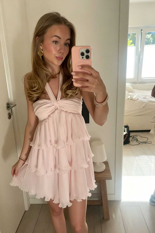 Pleated Halter Tiered Ruffle Mini Dress