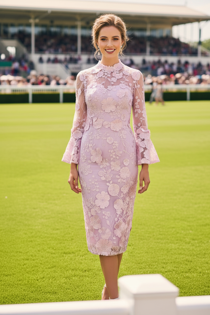 Floral Lace Midi Dress with Bell Sleeves & High Neck