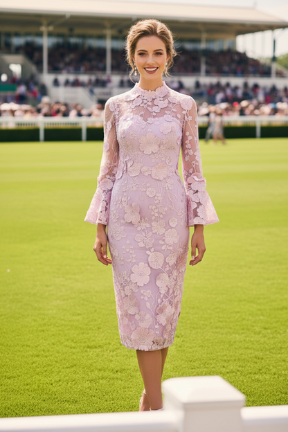 Floral Lace Midi Dress with Bell Sleeves & High Neck